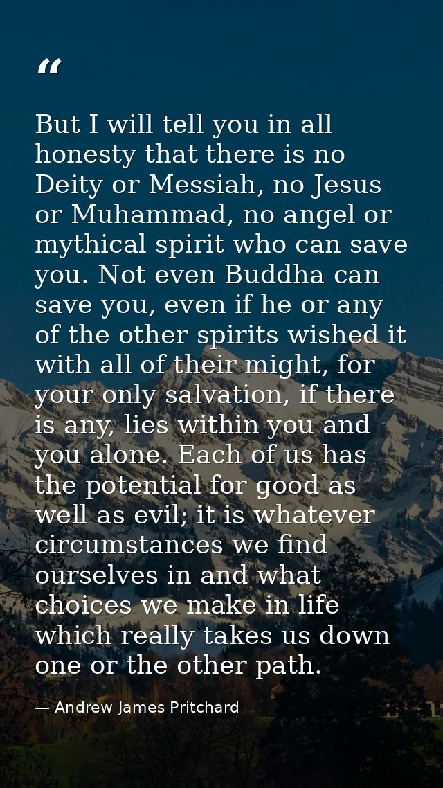 But I will tell you in all honesty that there is no Deity or Messiah, no Jesus or Muhammad, no angel or mythical spirit  — Andrew James Pritchard