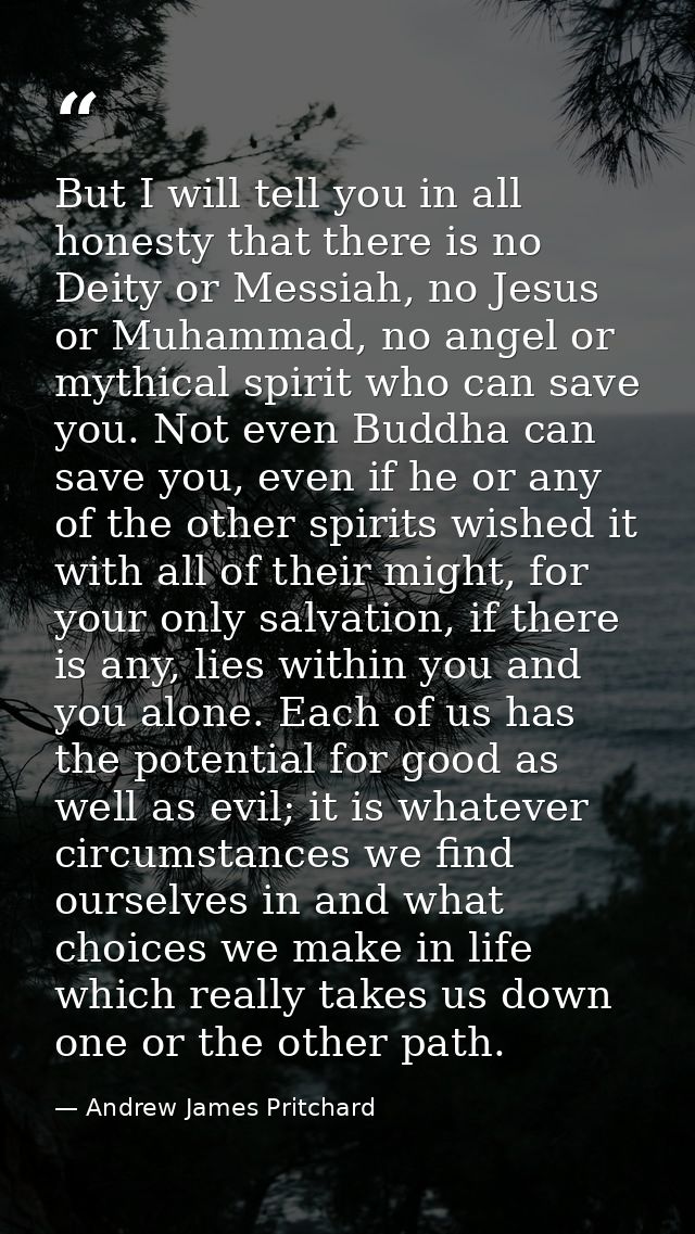 But I will tell you in all honesty that there is no Deity or Messiah, no Jesus or Muhammad, no angel or mythical spirit  — Andrew James Pritchard