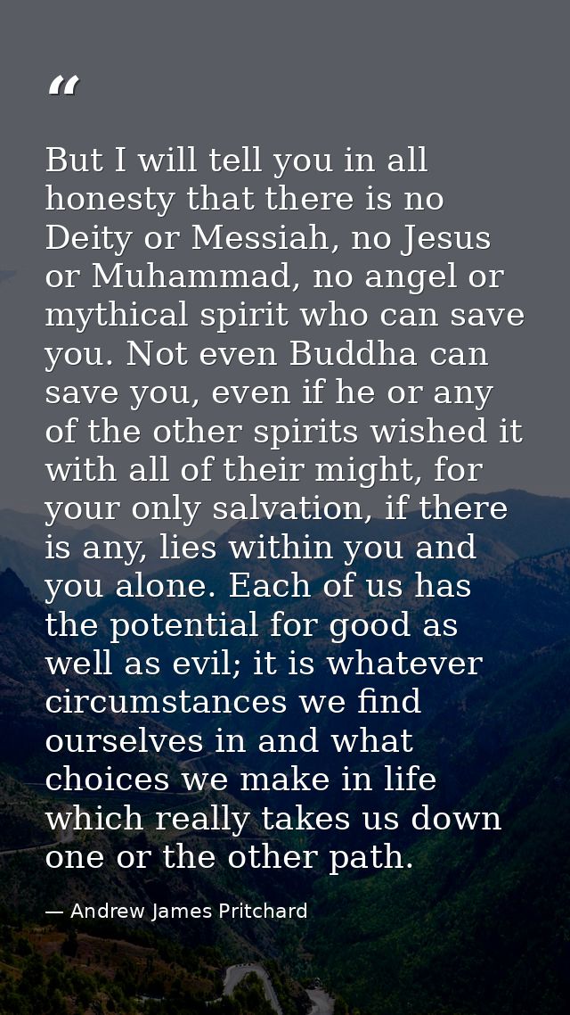 But I will tell you in all honesty that there is no Deity or Messiah, no Jesus or Muhammad, no angel or mythical spirit  — Andrew James Pritchard