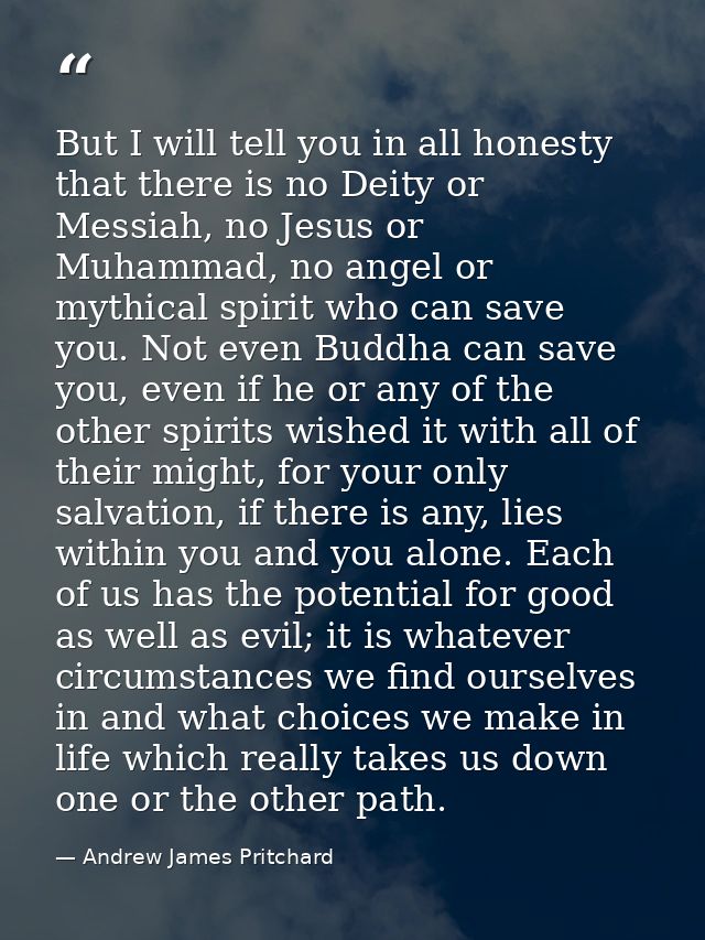 But I will tell you in all honesty that there is no Deity or Messiah, no Jesus or Muhammad, no angel or mythical spirit  — Andrew James Pritchard