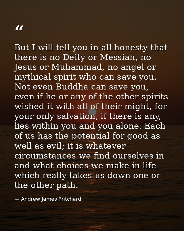 But I will tell you in all honesty that there is no Deity or Messiah, no Jesus or Muhammad, no angel or mythical spirit  — Andrew James Pritchard