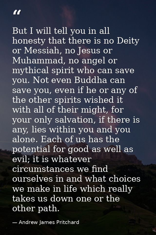 But I will tell you in all honesty that there is no Deity or Messiah, no Jesus or Muhammad, no angel or mythical spirit  — Andrew James Pritchard
