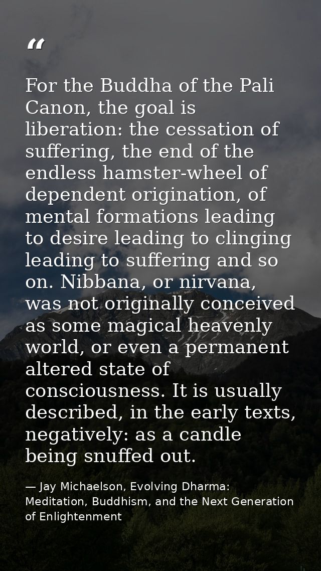 For the Buddha of the Pali Canon, the goal is liberation: the cessation of suffering, the end of the endless hamster-whe — Jay Michaelson, Evolving Dharma: Meditation, Buddhism, and the Next Generation of Enlightenment