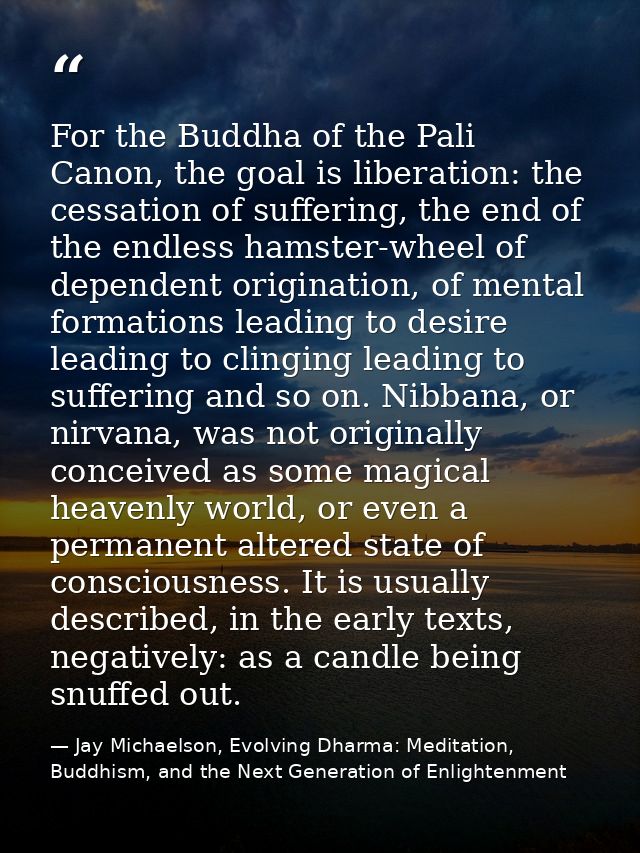 For the Buddha of the Pali Canon, the goal is liberation: the cessation of suffering, the end of the endless hamster-whe — Jay Michaelson, Evolving Dharma: Meditation, Buddhism, and the Next Generation of Enlightenment