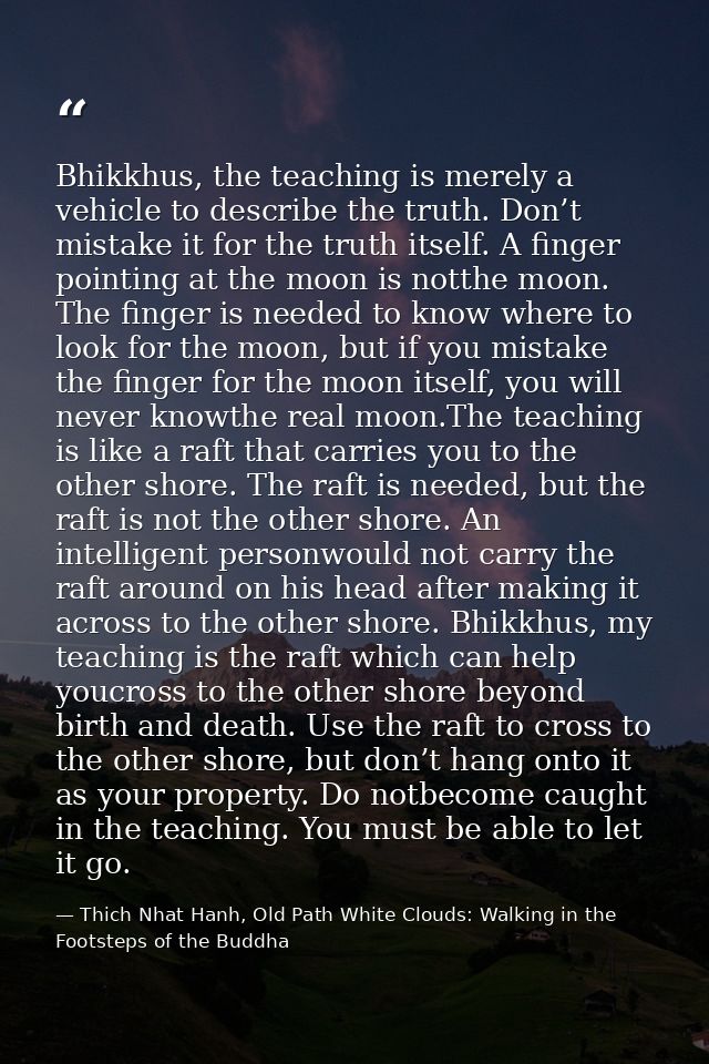 Bhikkhus, the teaching is merely a vehicle to describe the truth. Don’t mistake it for the truth itself. A finger pointi — Thich Nhat Hanh, Old Path White Clouds: Walking in the Footsteps of the Buddha