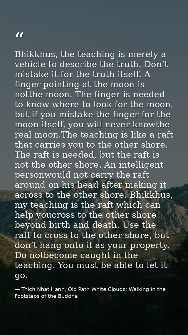 Bhikkhus, the teaching is merely a vehicle to describe the truth. Don’t mistake it for the truth itself. A finger pointi — Thich Nhat Hanh, Old Path White Clouds: Walking in the Footsteps of the Buddha