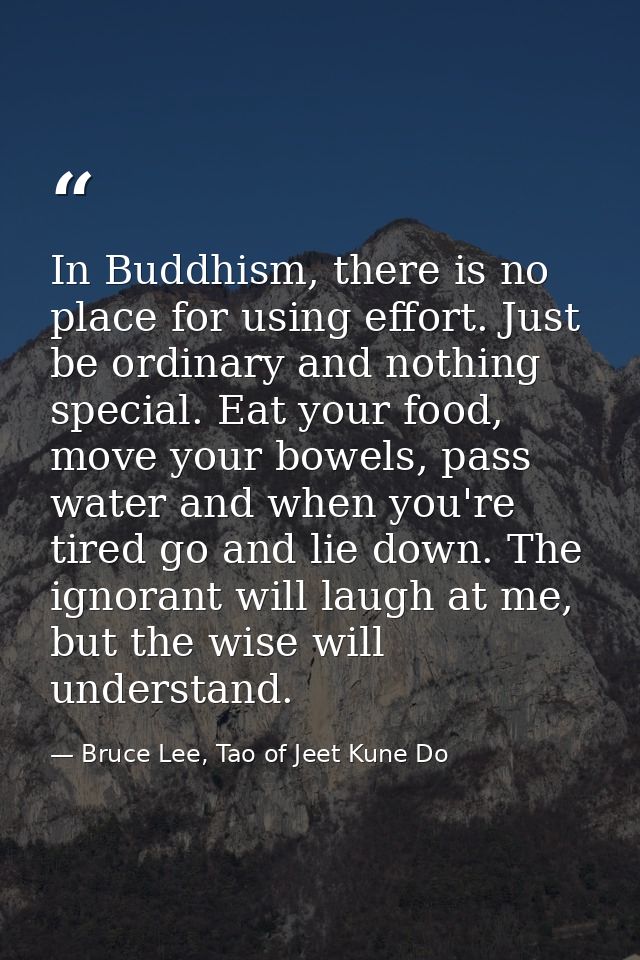 In Buddhism, there is no place for using effort. Just be ordinary and nothing special. Eat your food, move your bowels,  — Bruce Lee, Tao of Jeet Kune Do