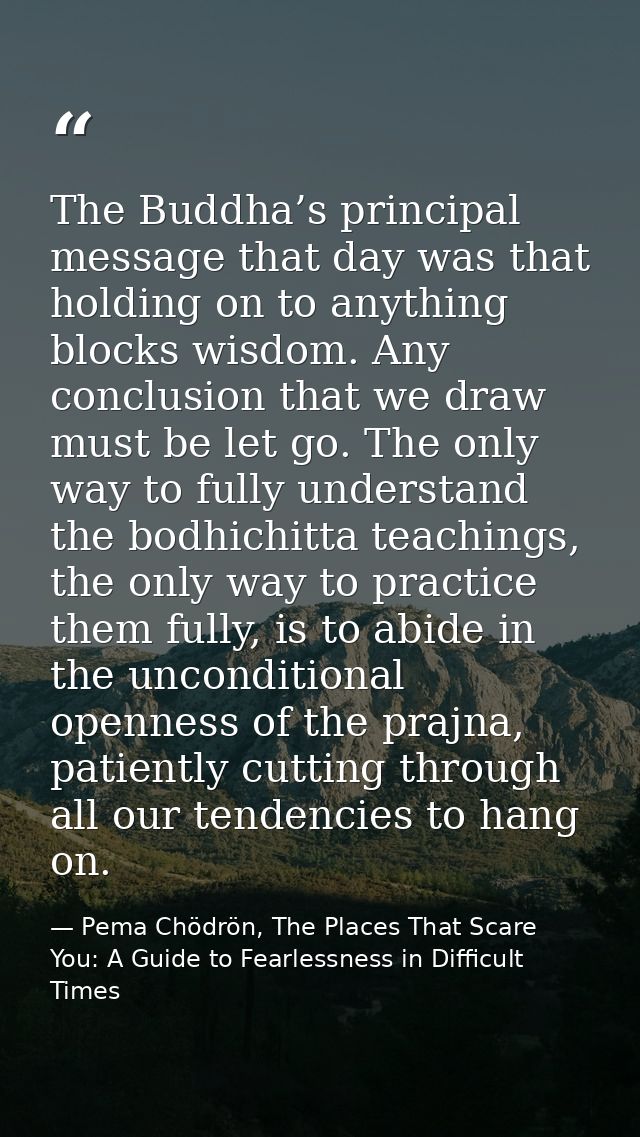 The Buddha’s principal message that day was that holding on to anything blocks wisdom. Any conclusion that we draw must  — Pema Chödrön, The Places That Scare You: A Guide to Fearlessness in Difficult Times