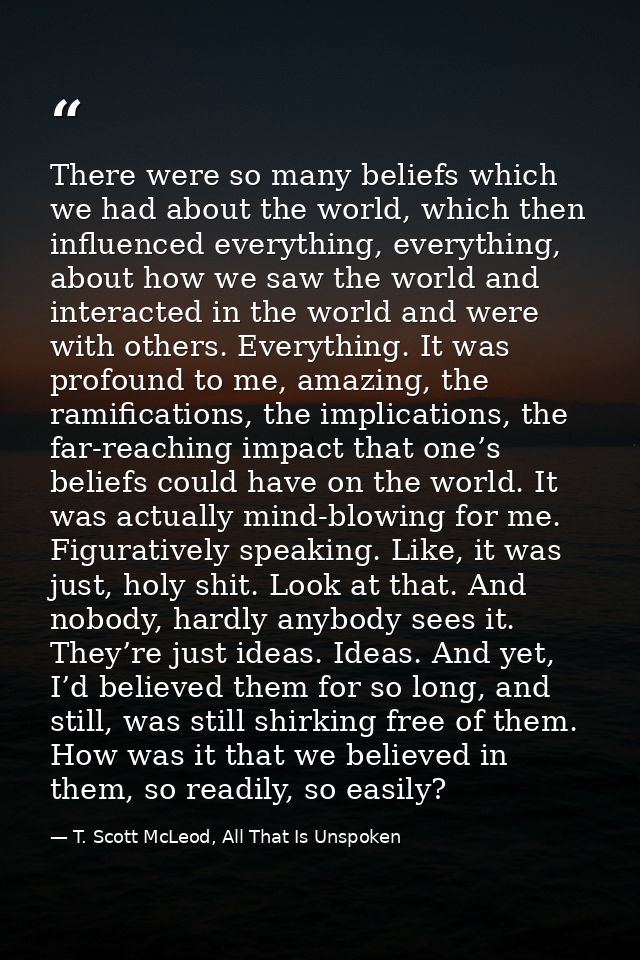 There were so many beliefs which we had about the world, which then influenced everything, everything, about how we saw  — T. Scott McLeod, All That Is Unspoken