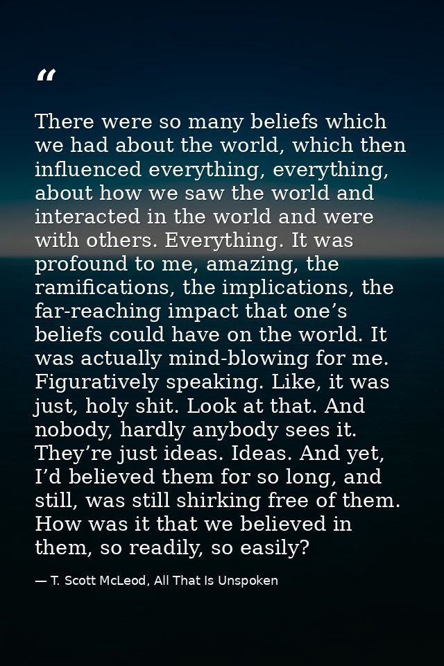 There were so many beliefs which we had about the world, which then influenced everything, everything, about how we saw  — T. Scott McLeod, All That Is Unspoken