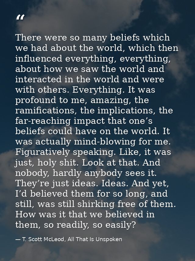 There were so many beliefs which we had about the world, which then influenced everything, everything, about how we saw  — T. Scott McLeod, All That Is Unspoken