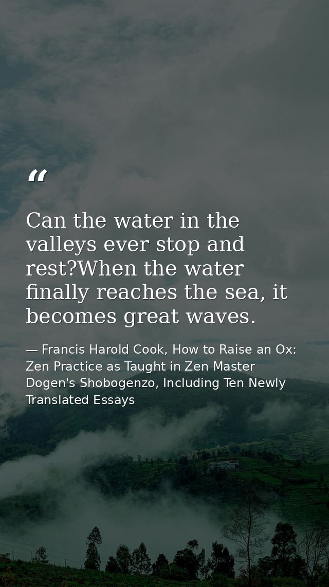 Can the water in the valleys ever stop and rest?When the water finally reaches the sea, it becomes great waves. — Francis Harold Cook, How to Raise an Ox: Zen Practice as Taught in Zen Master Dogen's Shobogenzo, Including Ten Newly Translated Essays