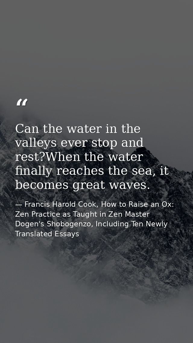 Can the water in the valleys ever stop and rest?When the water finally reaches the sea, it becomes great waves. — Francis Harold Cook, How to Raise an Ox: Zen Practice as Taught in Zen Master Dogen's Shobogenzo, Including Ten Newly Translated Essays