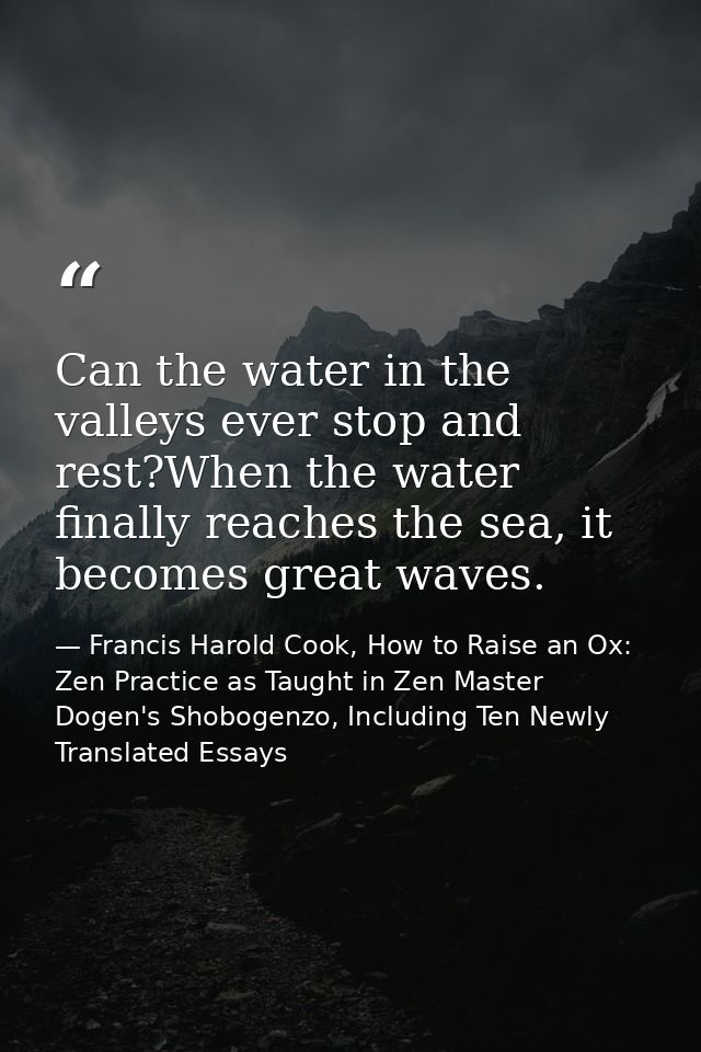 Can the water in the valleys ever stop and rest?When the water finally reaches the sea, it becomes great waves. — Francis Harold Cook, How to Raise an Ox: Zen Practice as Taught in Zen Master Dogen's Shobogenzo, Including Ten Newly Translated Essays