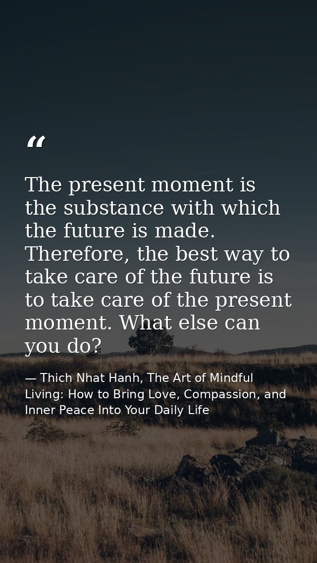 The present moment is the substance with which the future is made. Therefore, the best way to take care of the future is — Thich Nhat Hanh, The Art of Mindful Living: How to Bring Love, Compassion, and Inner Peace Into Your Daily Life