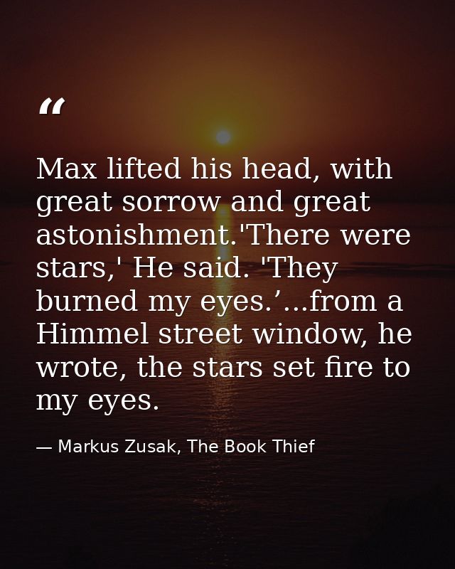 Max lifted his head, with great sorrow and great astonishment.'There were stars,' He said. 'They burned my eyes.’...from — Markus Zusak, The Book Thief