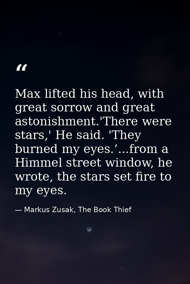 Max lifted his head, with great sorrow and great astonishment.'There were stars,' He said. 'They burned my eyes.’...from — Markus Zusak, The Book Thief