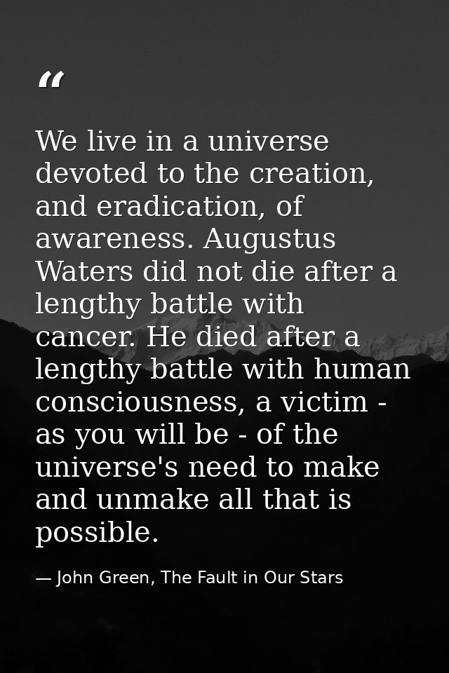 We live in a universe devoted to the creation, and eradication, of awareness. Augustus Waters did not die after a length — John Green, The Fault in Our Stars