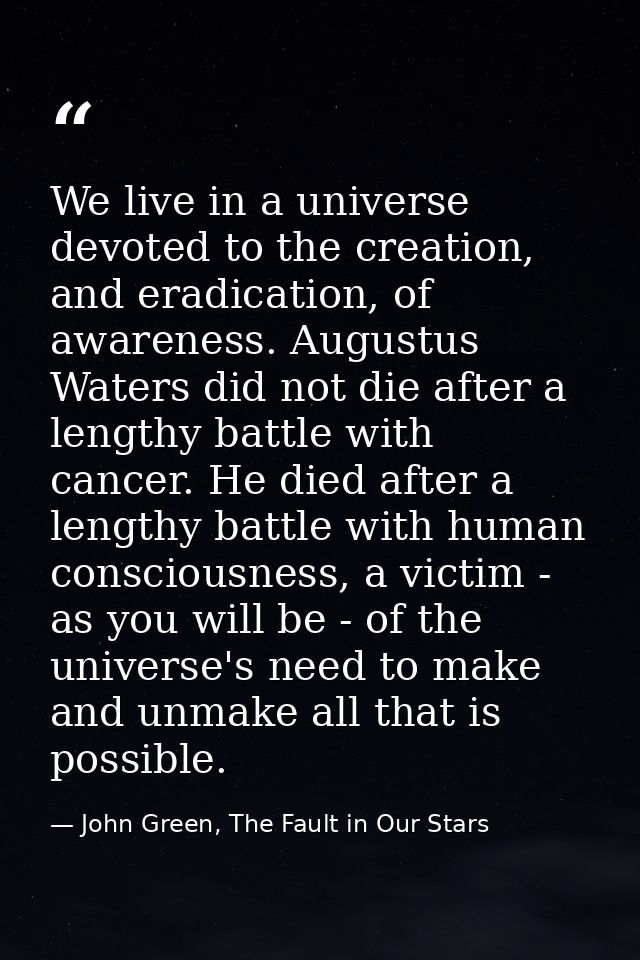 We live in a universe devoted to the creation, and eradication, of awareness. Augustus Waters did not die after a length — John Green, The Fault in Our Stars