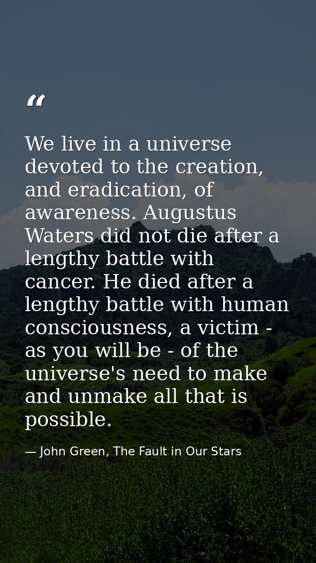We live in a universe devoted to the creation, and eradication, of awareness. Augustus Waters did not die after a length — John Green, The Fault in Our Stars