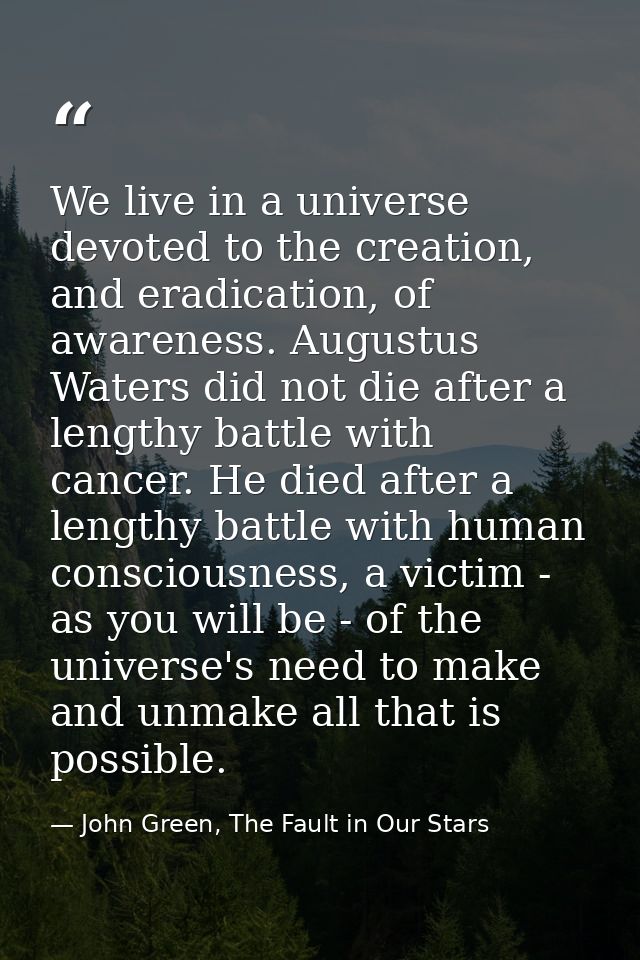 We live in a universe devoted to the creation, and eradication, of awareness. Augustus Waters did not die after a length — John Green, The Fault in Our Stars