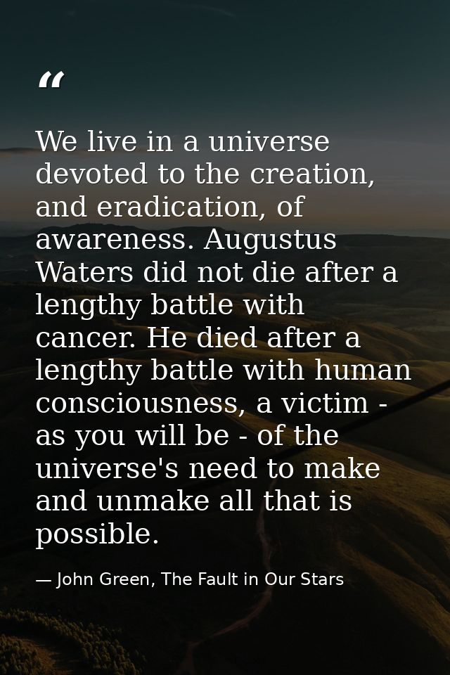 We live in a universe devoted to the creation, and eradication, of awareness. Augustus Waters did not die after a length — John Green, The Fault in Our Stars