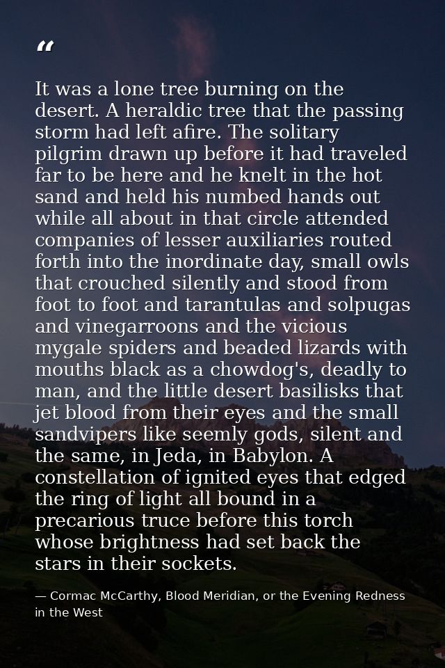 It was a lone tree burning on the desert. A heraldic tree that the passing storm had left afire. The solitary pilgrim dr — Cormac McCarthy, Blood Meridian, or the Evening Redness in the West