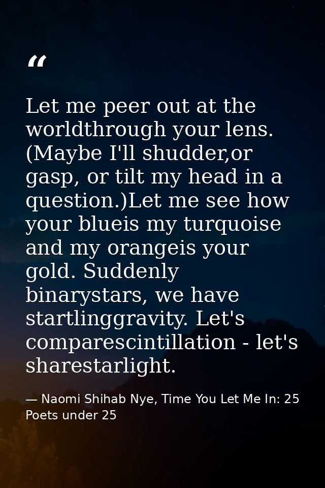 Let me peer out at the worldthrough your lens. (Maybe I'll shudder,or gasp, or tilt my head in a question.)Let me see ho — Naomi Shihab Nye, Time You Let Me In: 25 Poets under 25