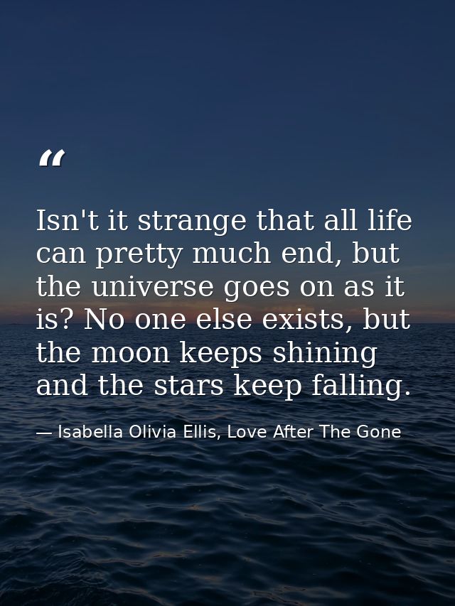 Isn't it strange that all life can pretty much end, but the universe goes on as it is? No one else exists, but the moon  — Isabella Olivia Ellis, Love After The Gone