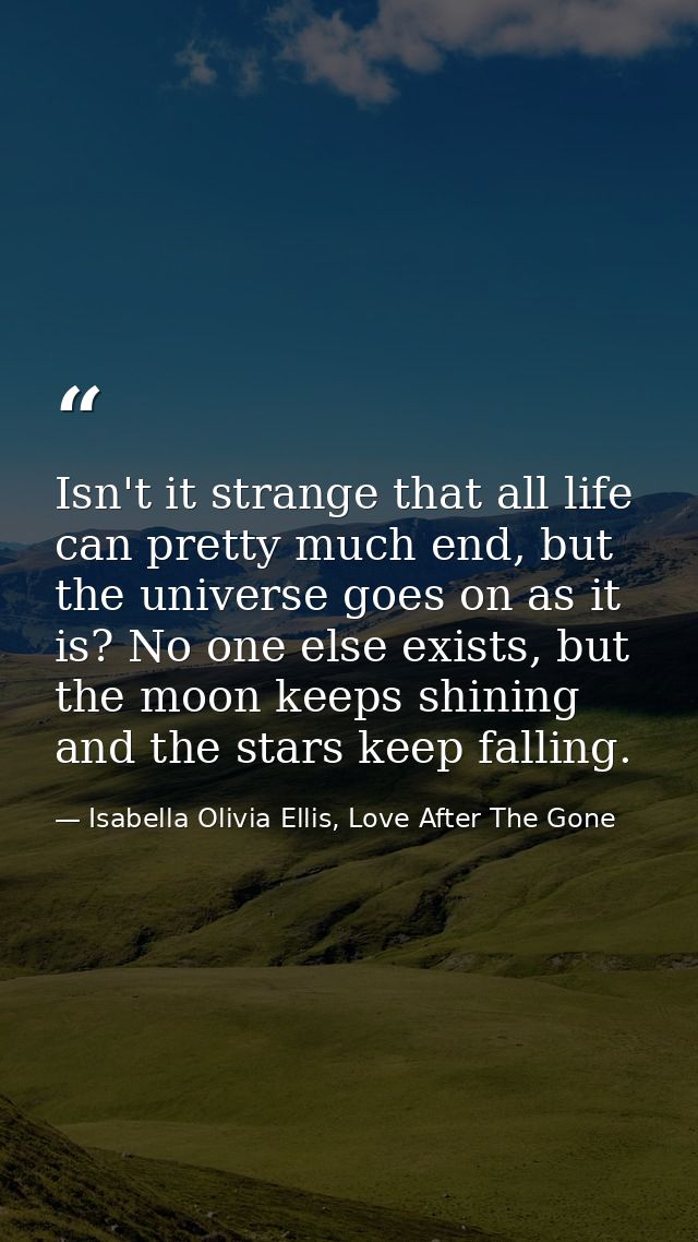 Isn't it strange that all life can pretty much end, but the universe goes on as it is? No one else exists, but the moon  — Isabella Olivia Ellis, Love After The Gone
