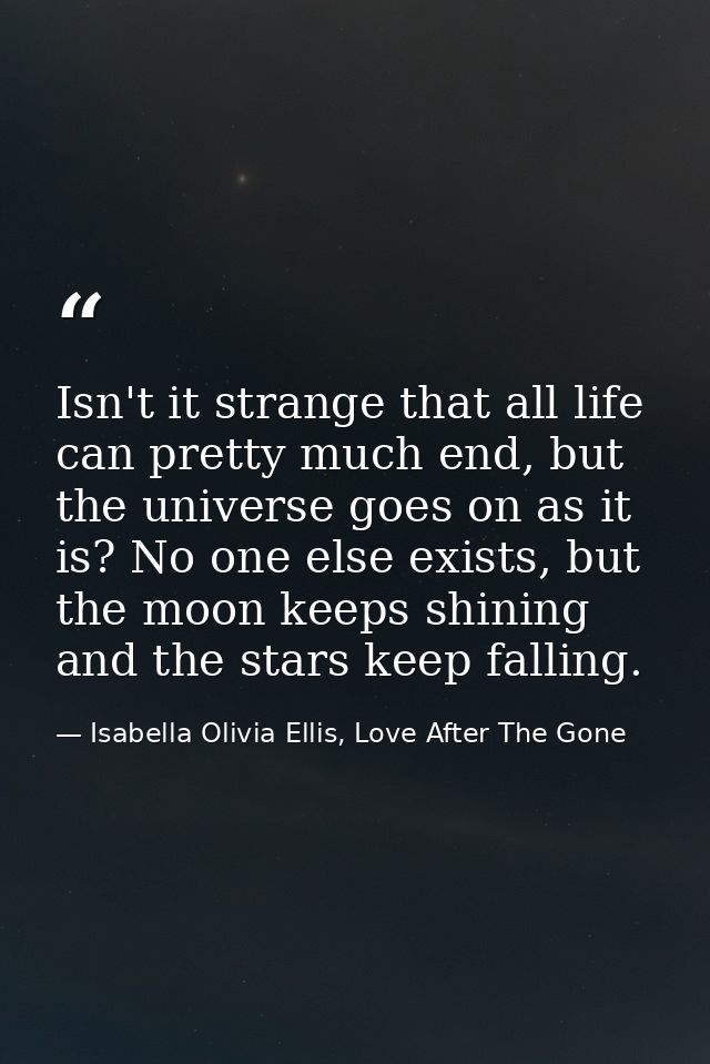 Isn't it strange that all life can pretty much end, but the universe goes on as it is? No one else exists, but the moon  — Isabella Olivia Ellis, Love After The Gone
