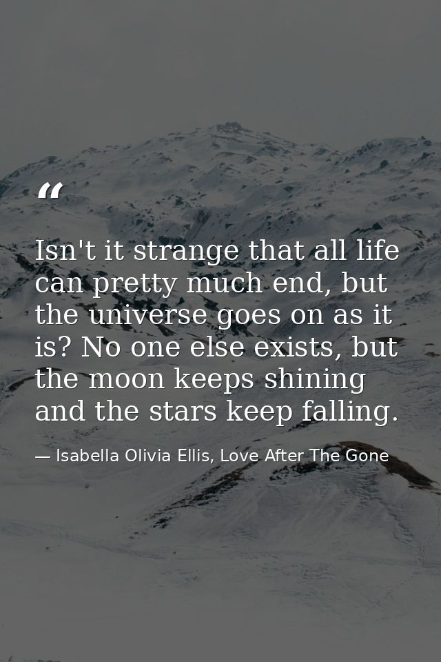 Isn't it strange that all life can pretty much end, but the universe goes on as it is? No one else exists, but the moon  — Isabella Olivia Ellis, Love After The Gone