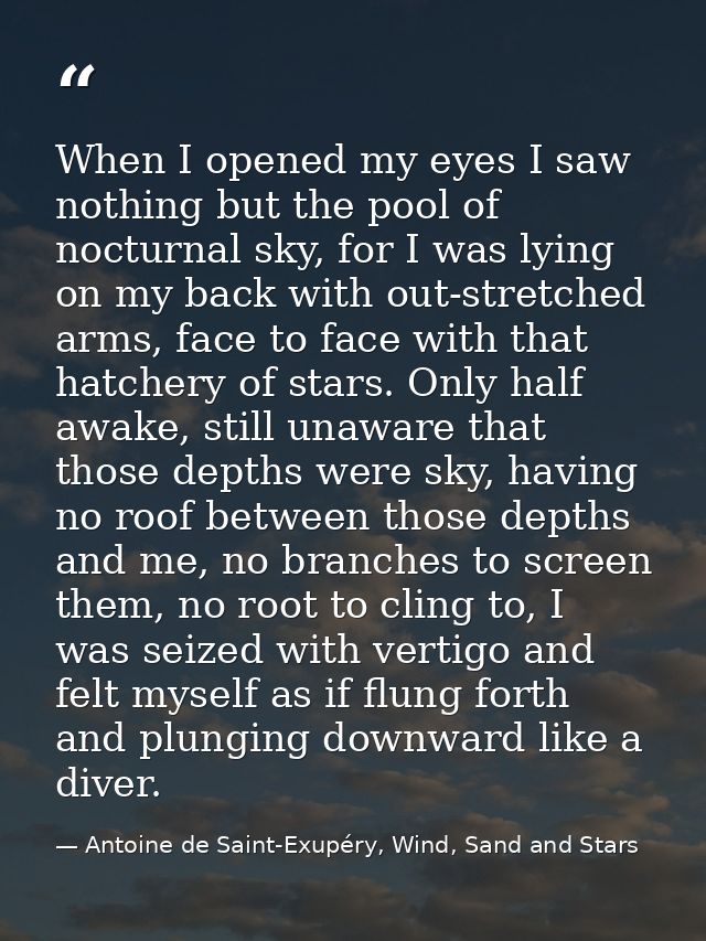 When I opened my eyes I saw nothing but the pool of nocturnal sky, for I was lying on my back with out-stretched arms, f — Antoine de Saint-Exupéry, Wind, Sand and Stars