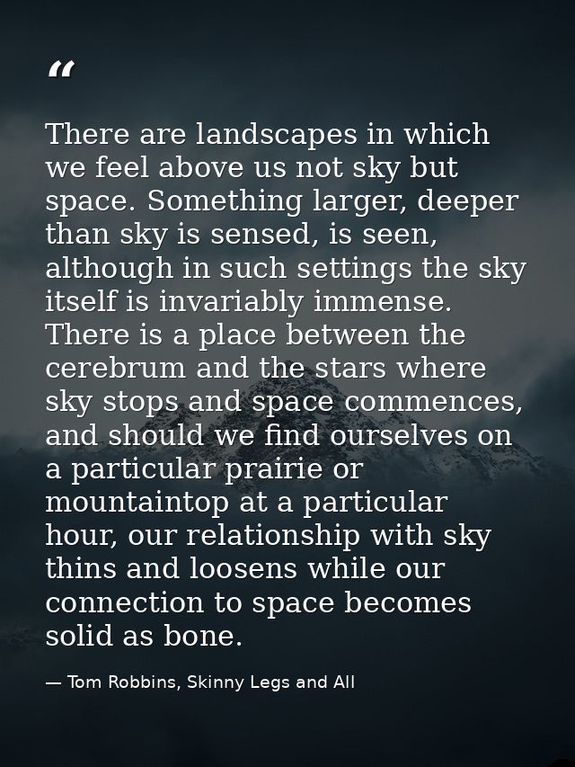 There are landscapes in which we feel above us not sky but space. Something larger, deeper than sky is sensed, is seen,  — Tom Robbins, Skinny Legs and All