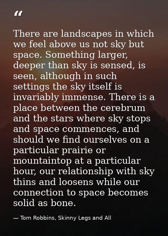 There are landscapes in which we feel above us not sky but space. Something larger, deeper than sky is sensed, is seen,  — Tom Robbins, Skinny Legs and All