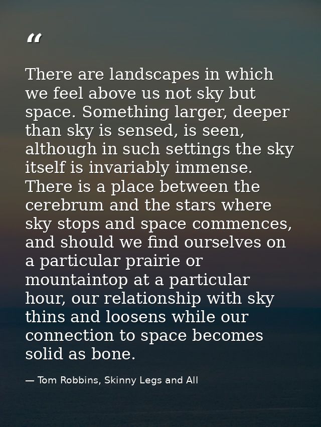 There are landscapes in which we feel above us not sky but space. Something larger, deeper than sky is sensed, is seen,  — Tom Robbins, Skinny Legs and All