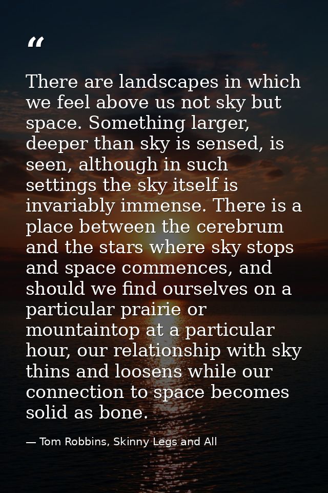There are landscapes in which we feel above us not sky but space. Something larger, deeper than sky is sensed, is seen,  — Tom Robbins, Skinny Legs and All