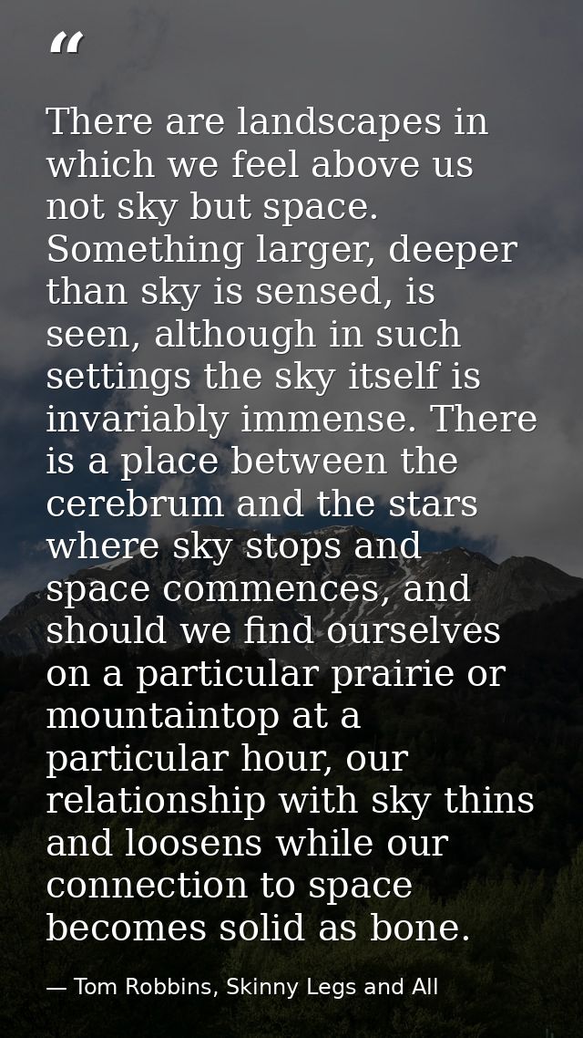 There are landscapes in which we feel above us not sky but space. Something larger, deeper than sky is sensed, is seen,  — Tom Robbins, Skinny Legs and All