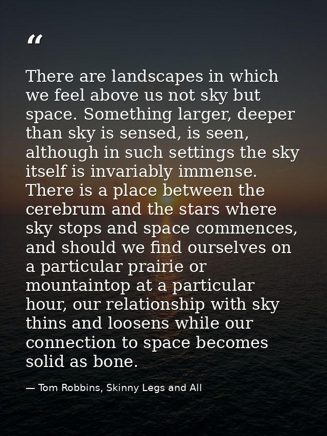There are landscapes in which we feel above us not sky but space. Something larger, deeper than sky is sensed, is seen,  — Tom Robbins, Skinny Legs and All