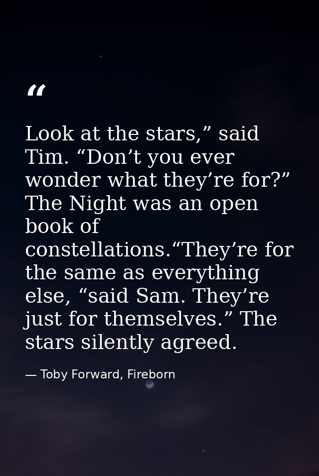 Look at the stars,” said Tim. “Don’t you ever wonder what they’re for?” The Night was an open book of constellations.“Th — Toby Forward, Fireborn
