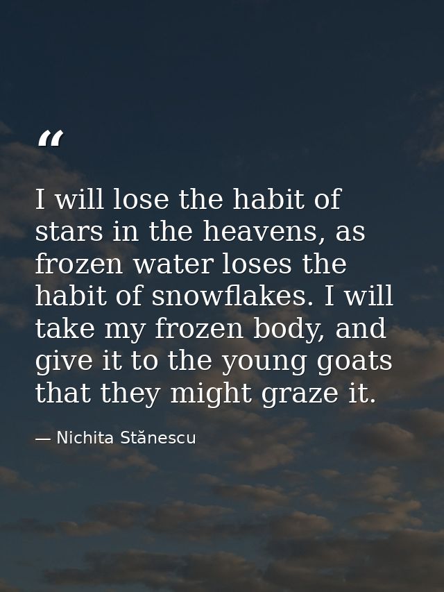 I will lose the habit of stars in the heavens, as frozen water loses the habit of snowflakes. I will take my frozen body — Nichita Stănescu