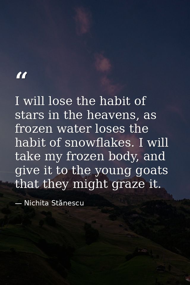 I will lose the habit of stars in the heavens, as frozen water loses the habit of snowflakes. I will take my frozen body — Nichita Stănescu
