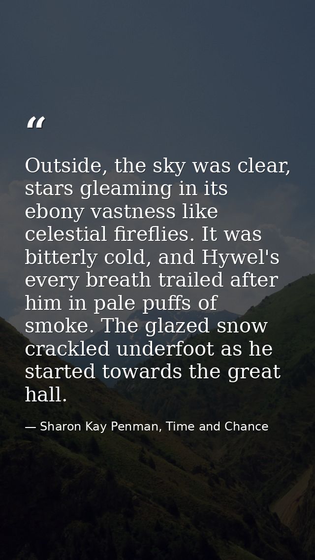 Outside, the sky was clear, stars gleaming in its ebony vastness like celestial fireflies. It was bitterly cold, and Hyw — Sharon Kay Penman, Time and Chance