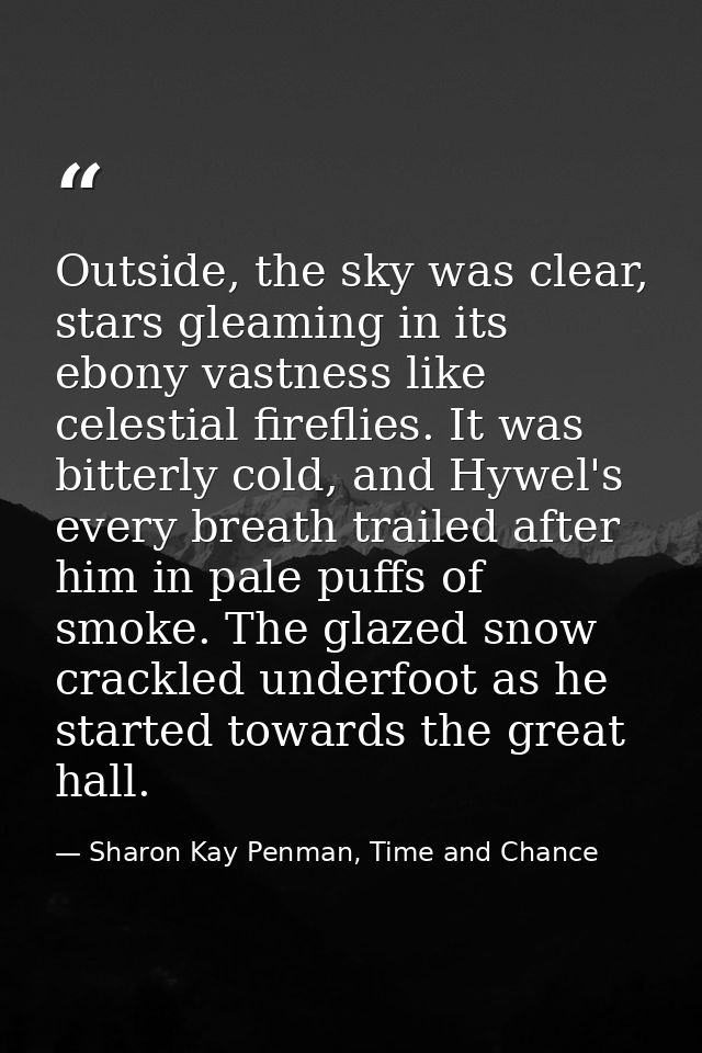 Outside, the sky was clear, stars gleaming in its ebony vastness like celestial fireflies. It was bitterly cold, and Hyw — Sharon Kay Penman, Time and Chance