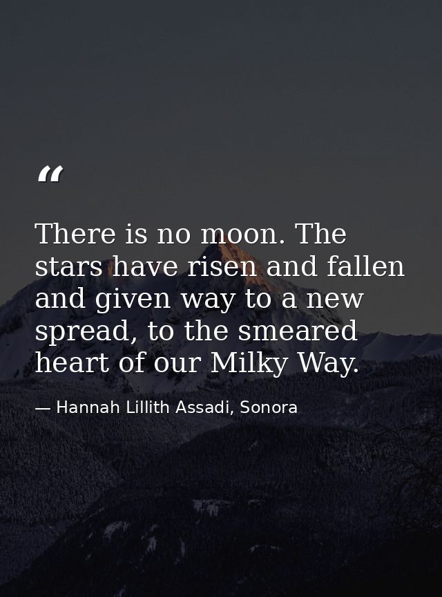 There is no moon. The stars have risen and fallen and given way to a new spread, to the smeared heart of our Milky Way. — Hannah Lillith Assadi, Sonora