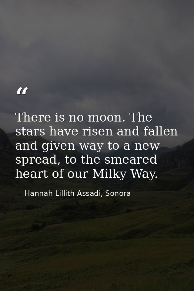 There is no moon. The stars have risen and fallen and given way to a new spread, to the smeared heart of our Milky Way. — Hannah Lillith Assadi, Sonora