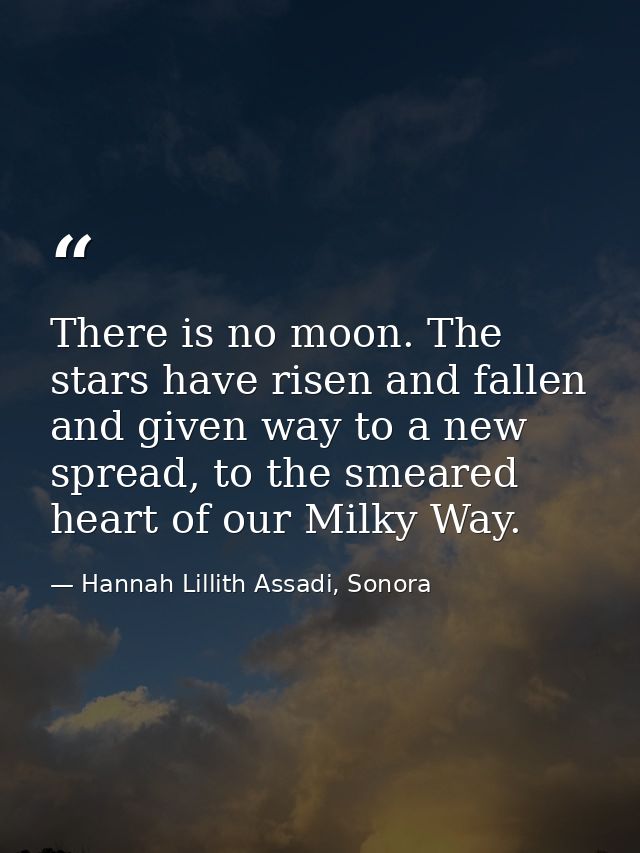 There is no moon. The stars have risen and fallen and given way to a new spread, to the smeared heart of our Milky Way. — Hannah Lillith Assadi, Sonora