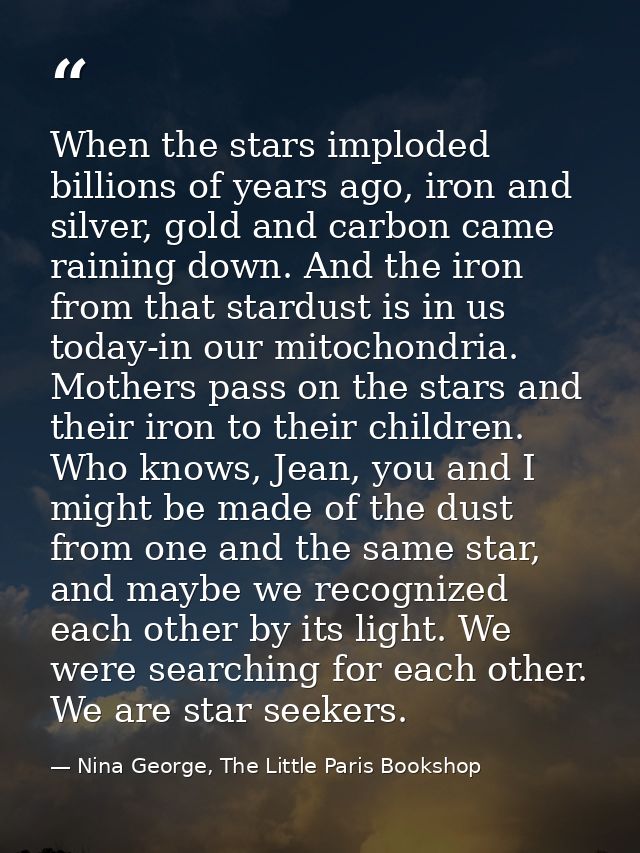 When the stars imploded billions of years ago, iron and silver, gold and carbon came raining down. And the iron from tha — Nina George, The Little Paris Bookshop