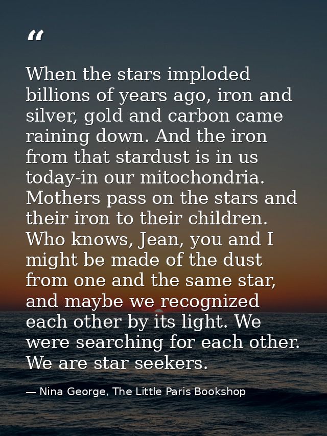 When the stars imploded billions of years ago, iron and silver, gold and carbon came raining down. And the iron from tha — Nina George, The Little Paris Bookshop