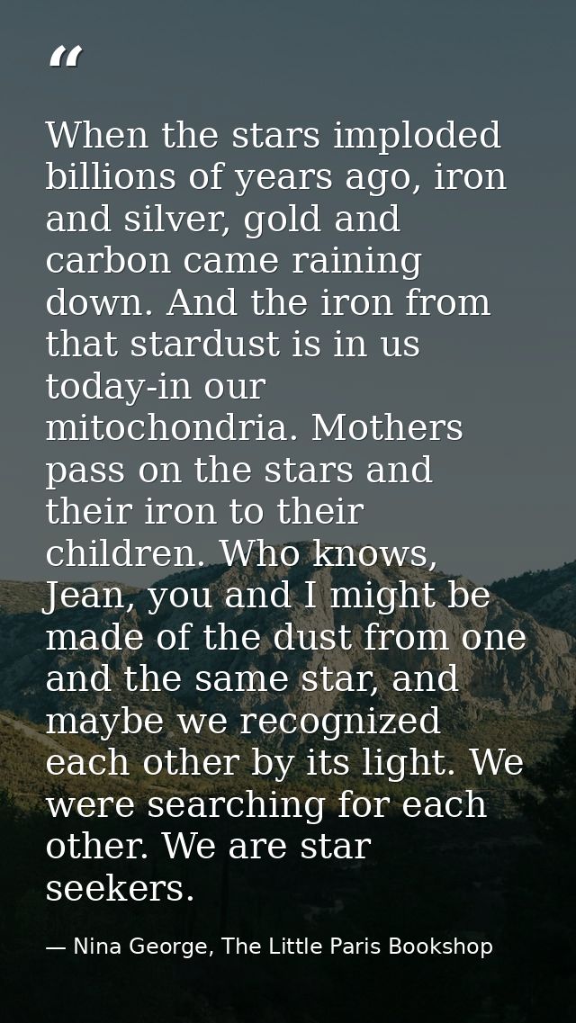 When the stars imploded billions of years ago, iron and silver, gold and carbon came raining down. And the iron from tha — Nina George, The Little Paris Bookshop